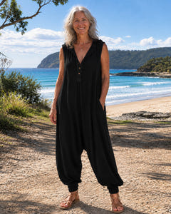 Rae | Casual Hooded Harem Jumpsuit on Bruny Island, Black colourway
