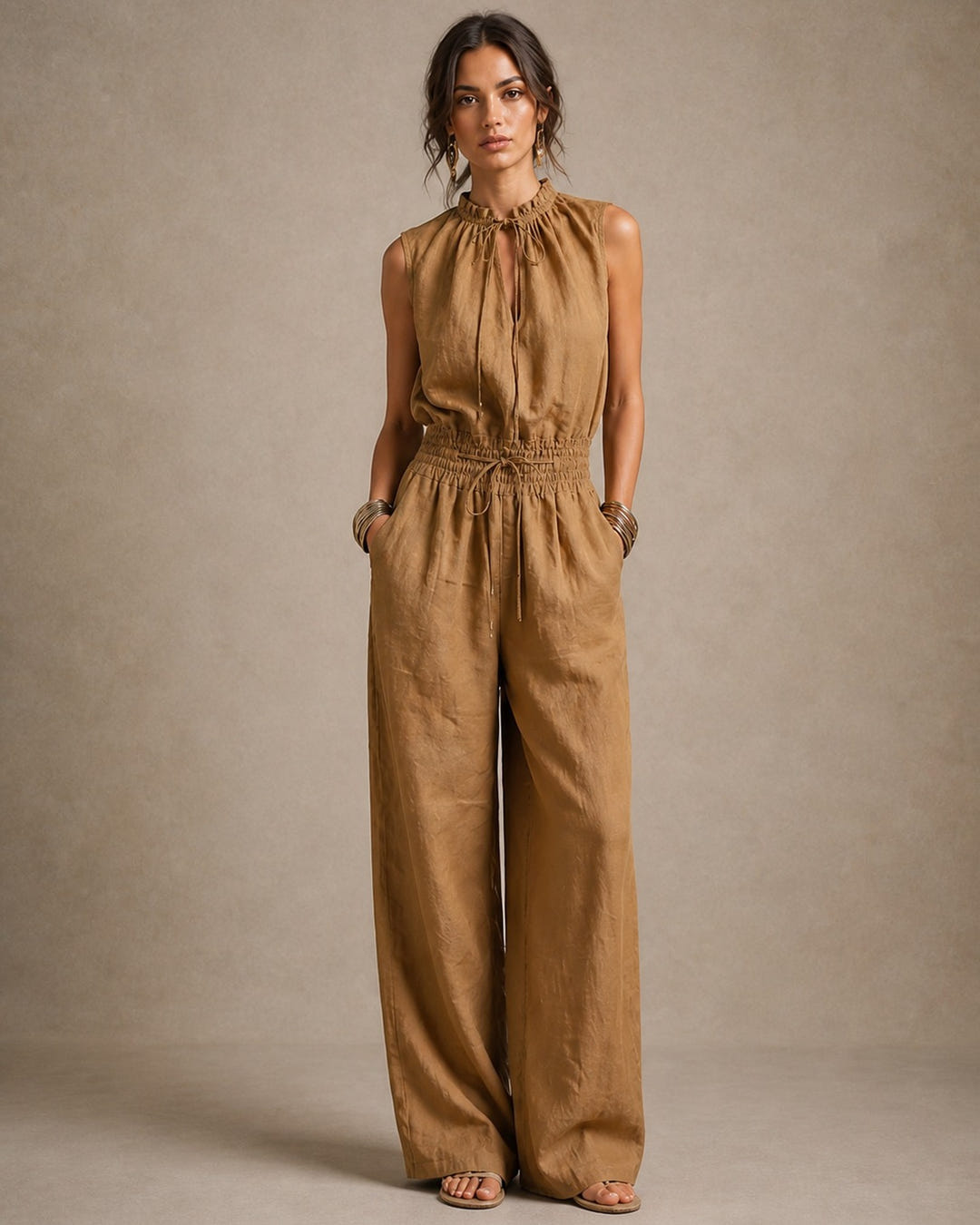 Gilly | Tie-Neck Belted Linen Jumpsuit – Camel
