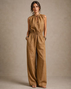 Gilly | Tie-Neck Belted Linen Jumpsuit – Camel