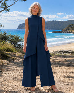 Sidonie | Asymmetric Layered Wide-Leg Jumpsuit on Bruny Island, Navy Blue colourway