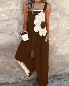Clover | Daisy Print Wide-Leg Dungarees – Chocolate