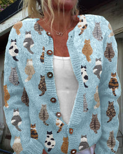 Lulu | Cat Print Button Cardigan – Light Blue