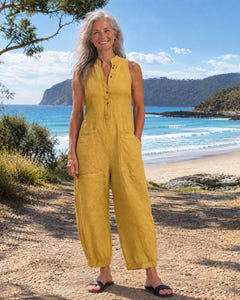 Dulcie | Sleeveless Button-Front Linen Jumpsuit on Bruny Island, Yellow colourway