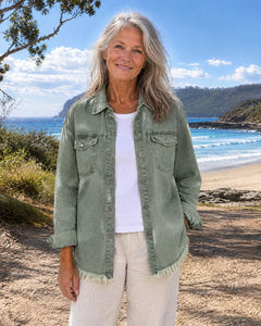 Hetty | Frayed-Hem Denim Shirt Jacket on Bruny Island, Olive colourway