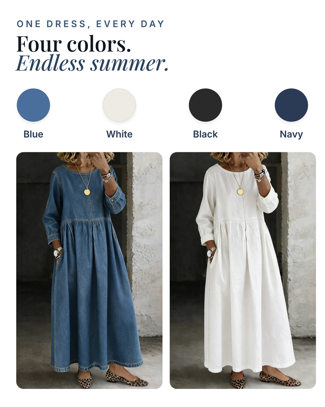 Edith | Vintage Denim Maxi Dress available in 4 colours: blue, white, black, navy