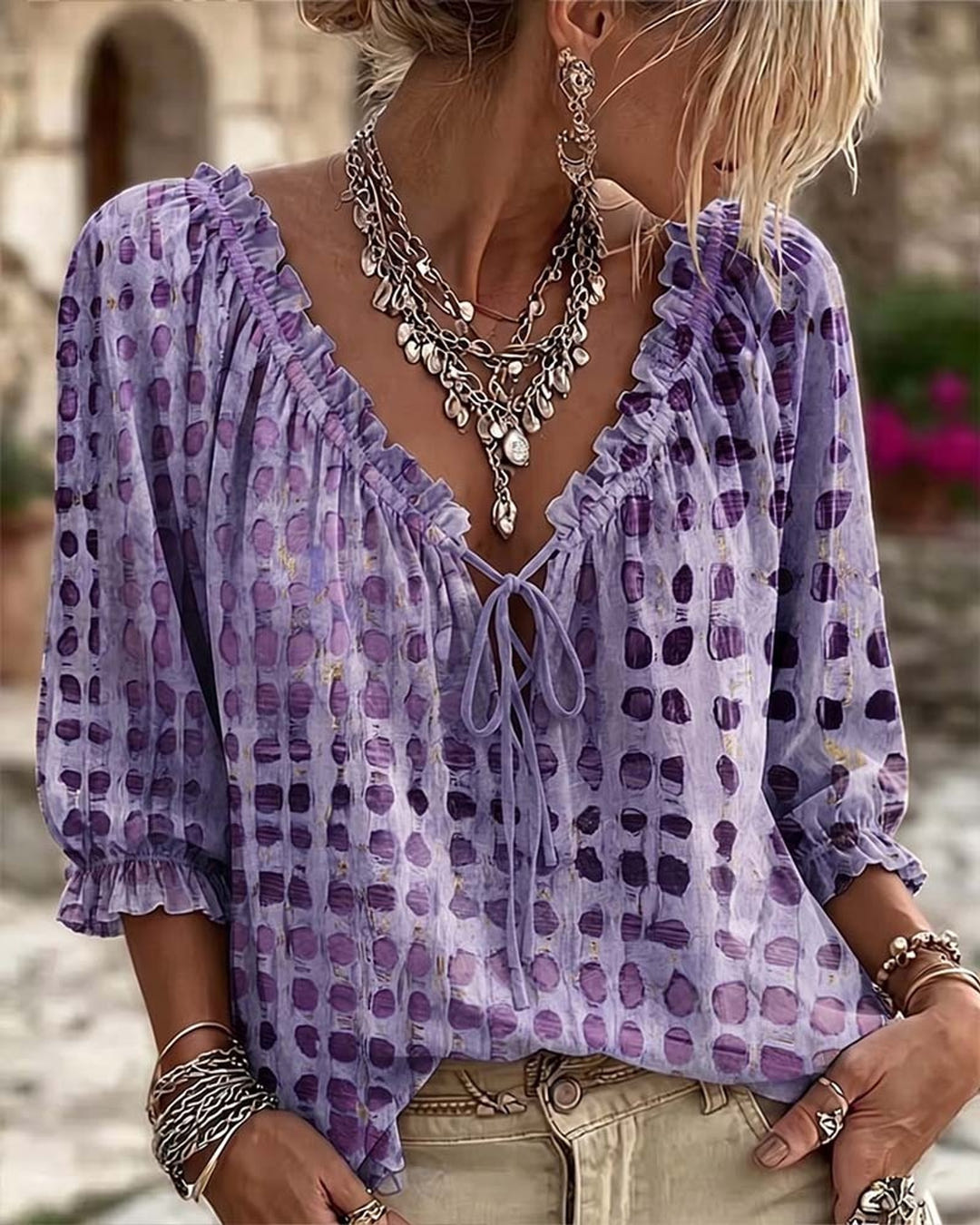 Mila | Boho Print Tie-Neck Blouse – Lilac