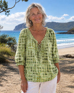 Mila | Boho Print Tie-Neck Blouse on Bruny Island, Green colourway