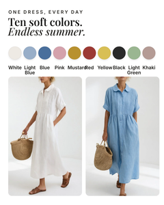 Ellice | Flowing Cotton Shirt Dress available in 10 colours: white, light blue, blue, pink, mustard, red, yellow, black, light green, khaki
