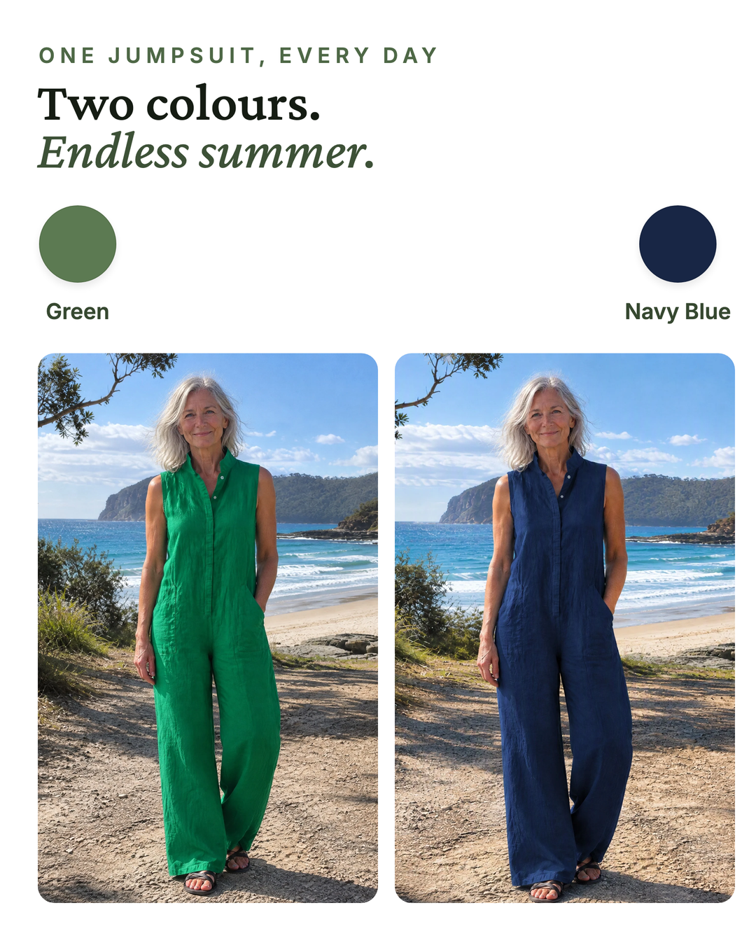 Essie | Minimalist Wide-Leg Linen Jumpsuit available in 2 colours: green, navy blue