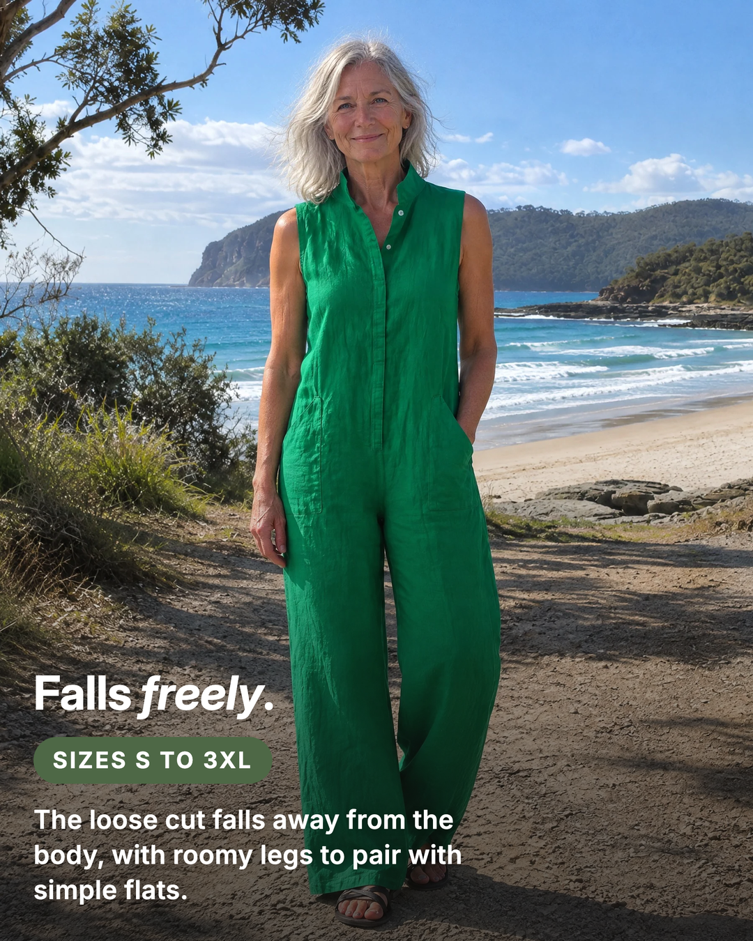 Essie | Minimalist Wide-Leg Linen Jumpsuit fit and sizes