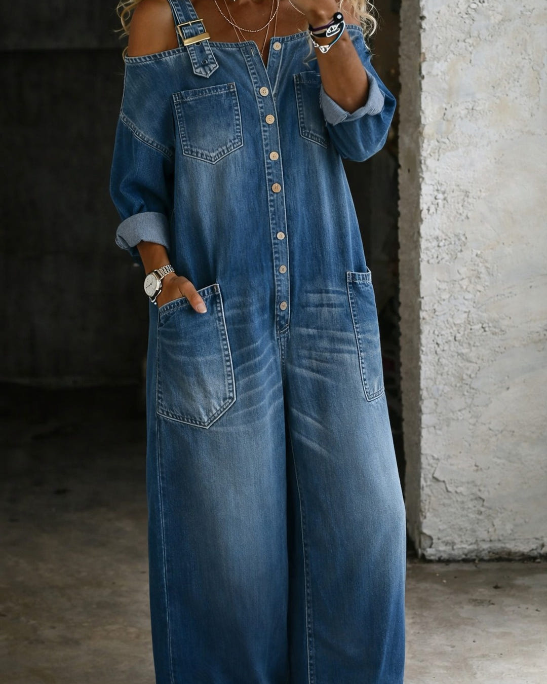 Frida | Off-Shoulder Denim Dungaree Jumpsuit