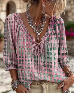 Mila | Boho Print Tie-Neck Blouse – Pink