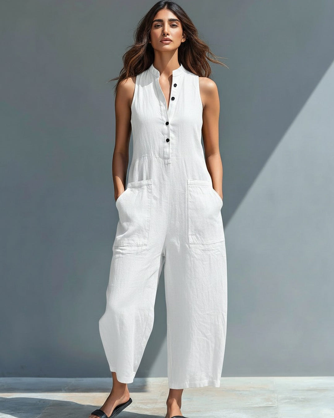 Dulcie | Sleeveless Button-Front Linen Jumpsuit – White