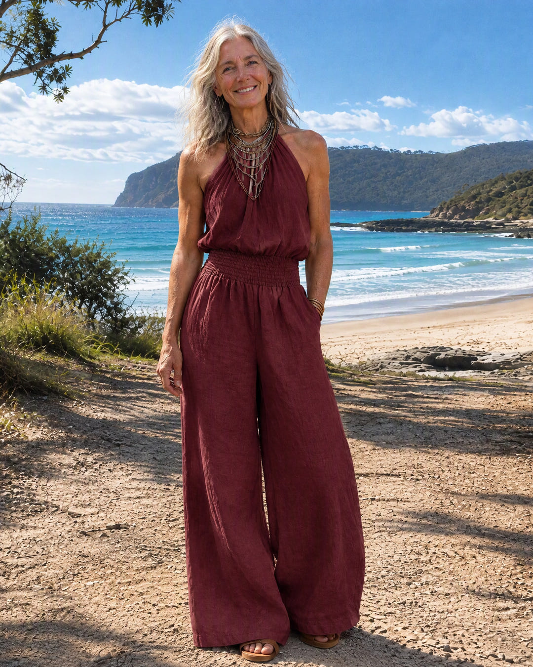 Dagny | Halter-Neck Smocked Linen Jumpsuit on Bruny Island, Burgundy colourway