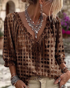 Mila | Boho Print Tie-Neck Blouse – Brown