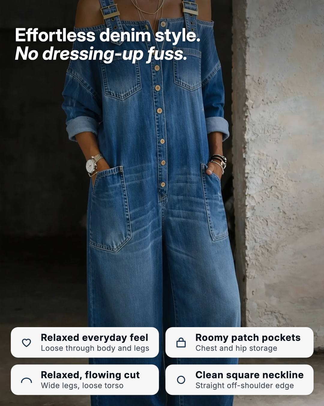 Frida | Off-Shoulder Denim Dungaree Jumpsuit benefits