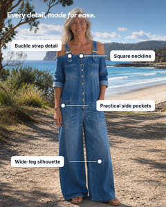 Frida | Off-Shoulder Denim Dungaree Jumpsuit details