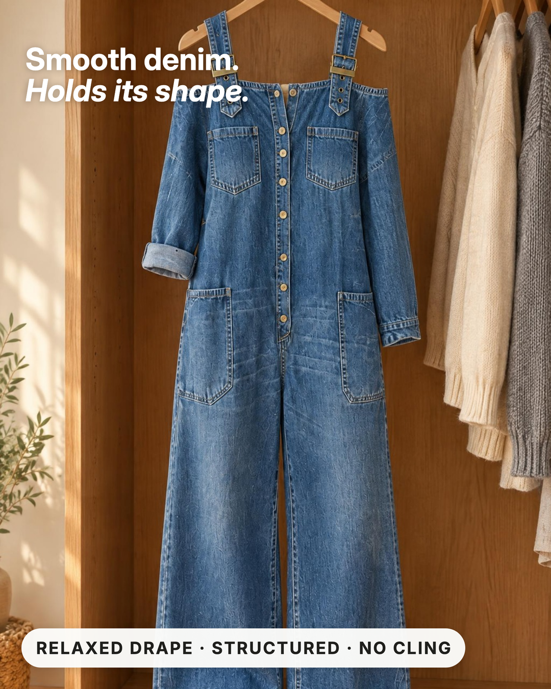 Frida | Off-Shoulder Denim Dungaree Jumpsuit fabric close-up