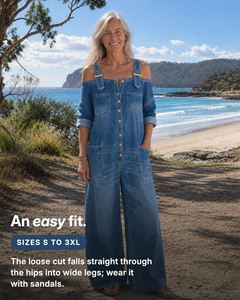 Frida | Off-Shoulder Denim Dungaree Jumpsuit fit and sizes