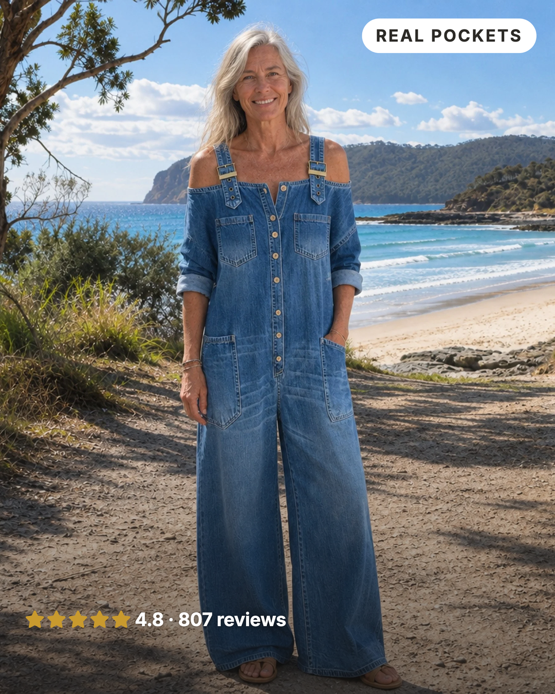 Frida | Off-Shoulder Denim Dungaree Jumpsuit in mid blue denim