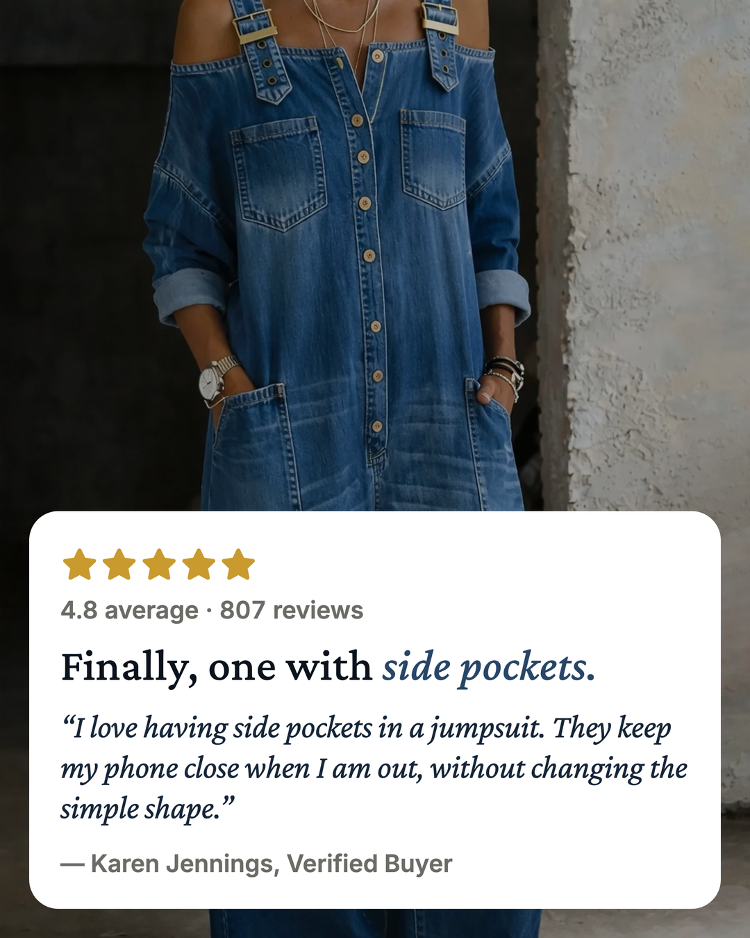 Frida | Off-Shoulder Denim Dungaree Jumpsuit five star customer review
