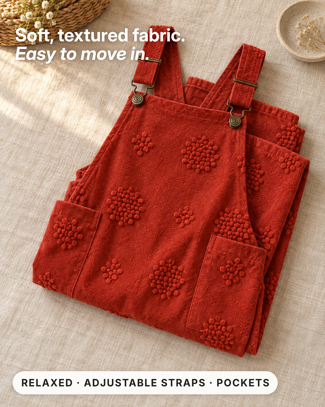 Galina | Comfort Overalls Brick Red fabric close-up