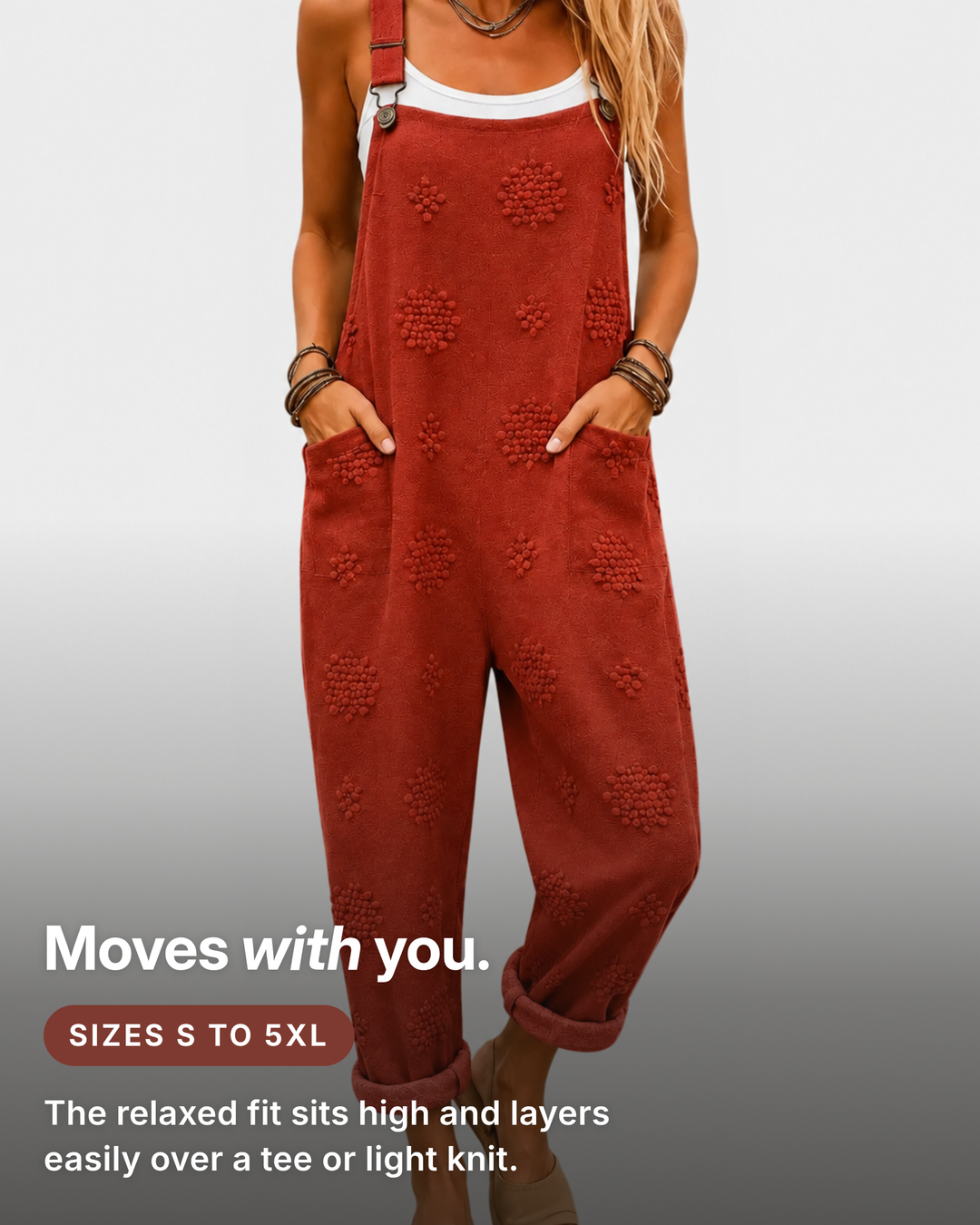 Galina | Comfort Overalls Brick Red fit and sizes