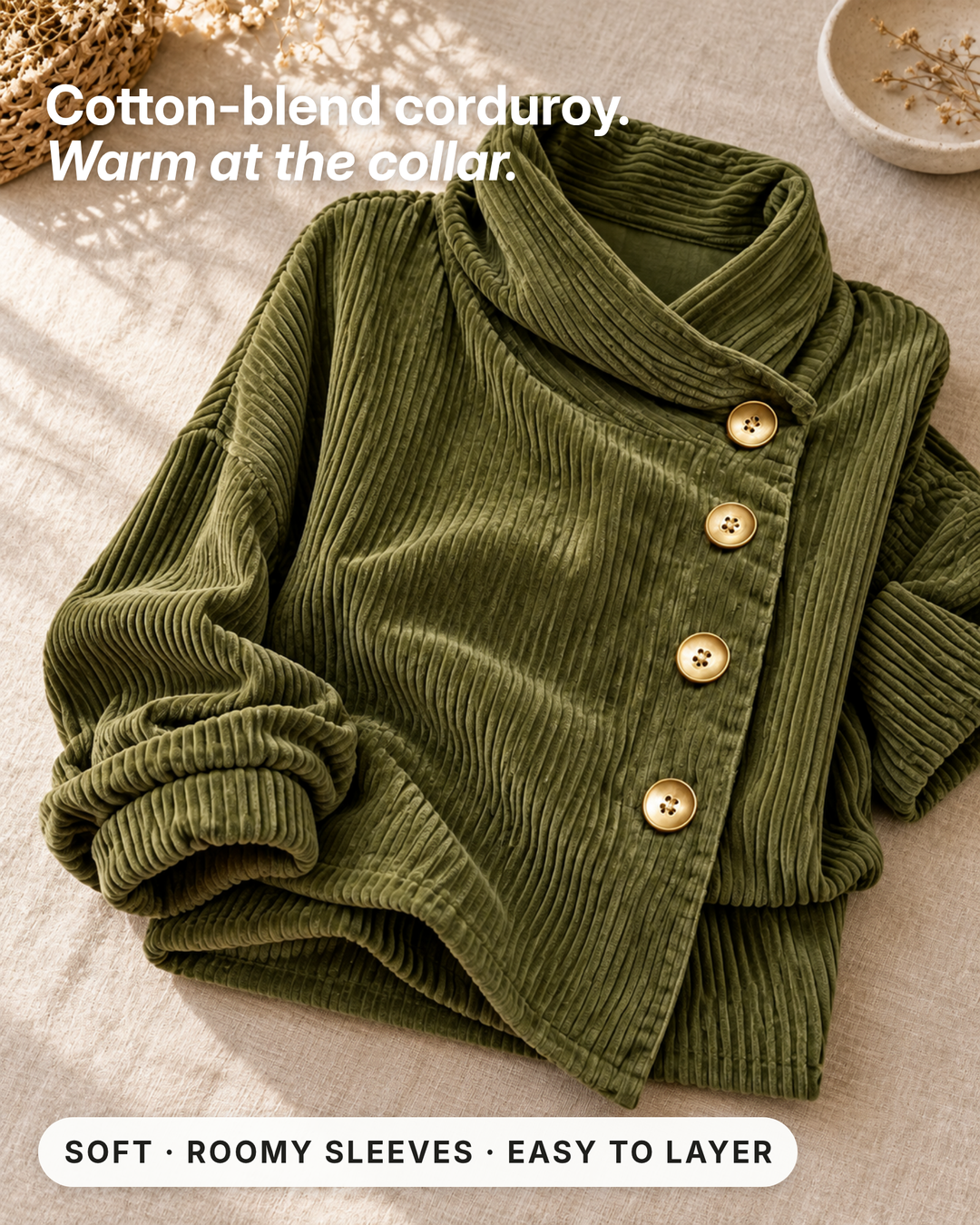 Gillian | Corduroy Wrap-Collar Overshirt fabric close-up