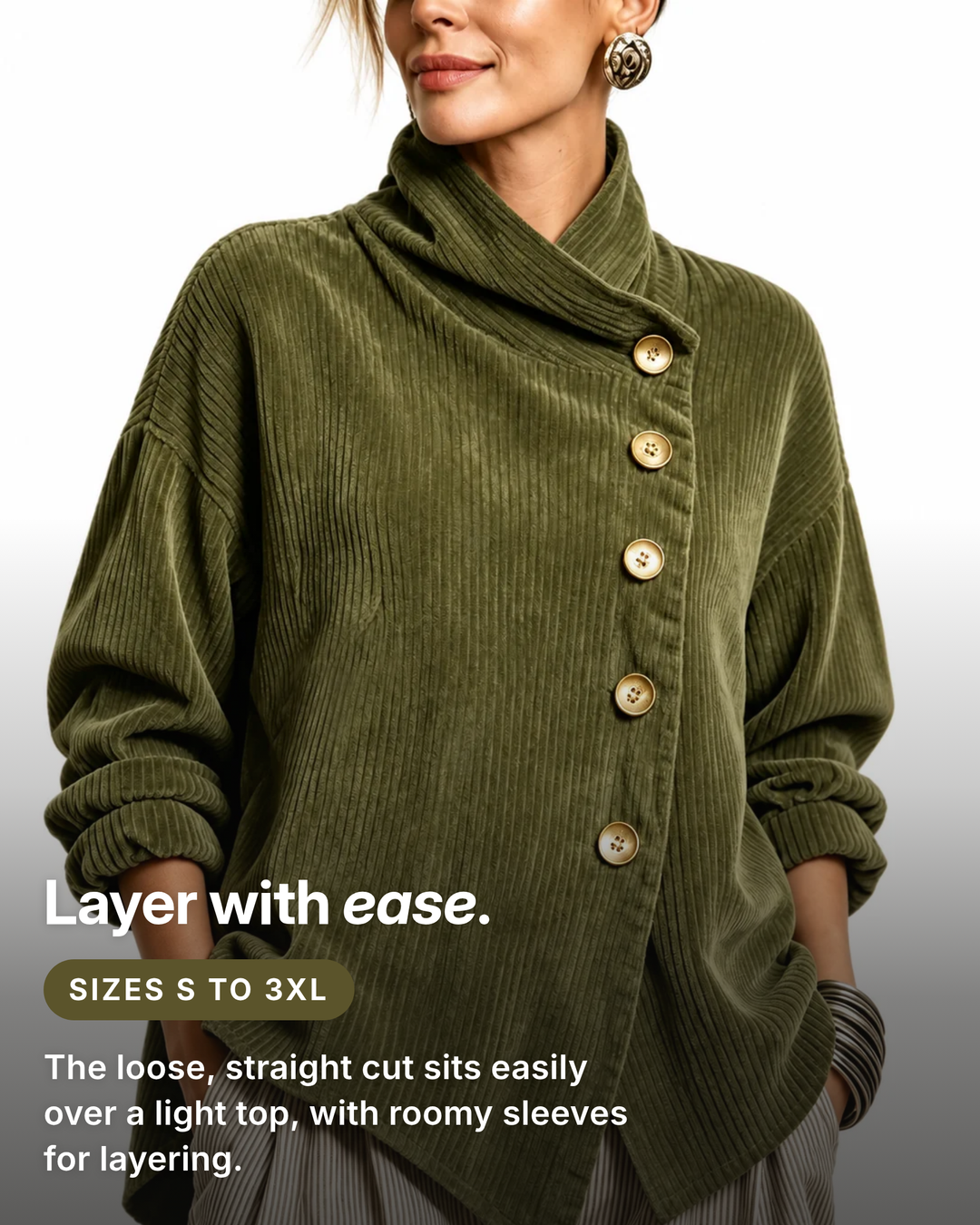 Gillian | Corduroy Wrap-Collar Overshirt fit and sizes
