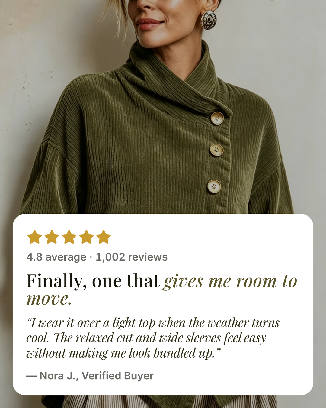 Gillian | Corduroy Wrap-Collar Overshirt five star customer review