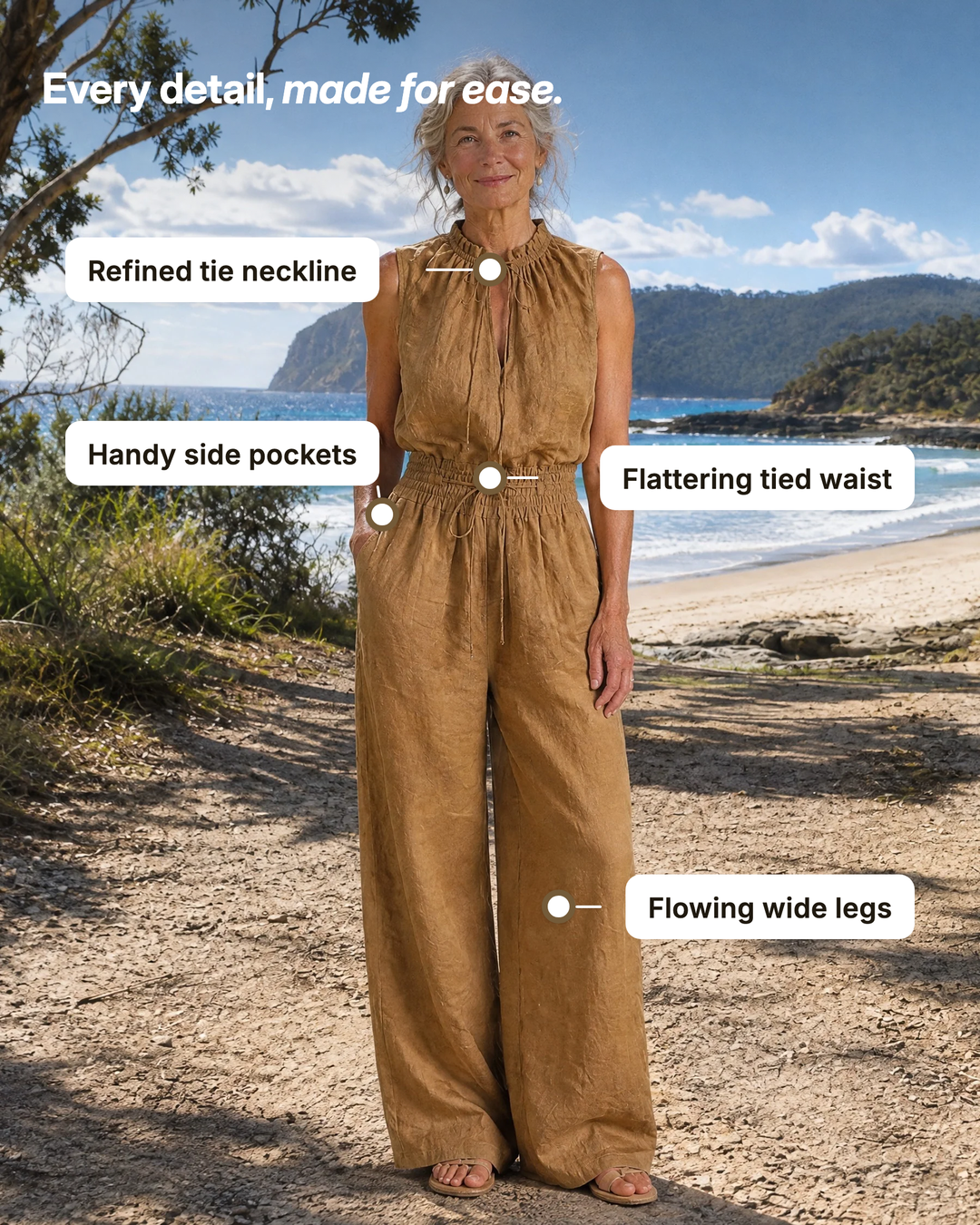 Gilly | Tie-Neck Belted Linen Jumpsuit details