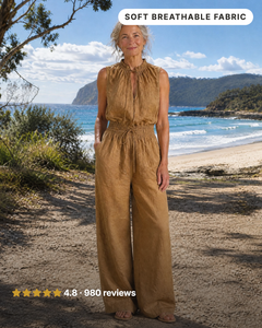 Gilly | Tie-Neck Belted Linen Jumpsuit in camel