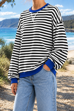 Giselle | Striped Crew Neck Sweatshirt in Black, three-quarter view