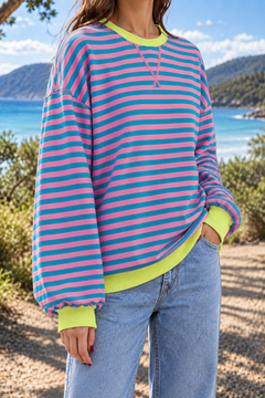 Giselle | Striped Crew Neck Sweatshirt in Blue & Pink, three-quarter view