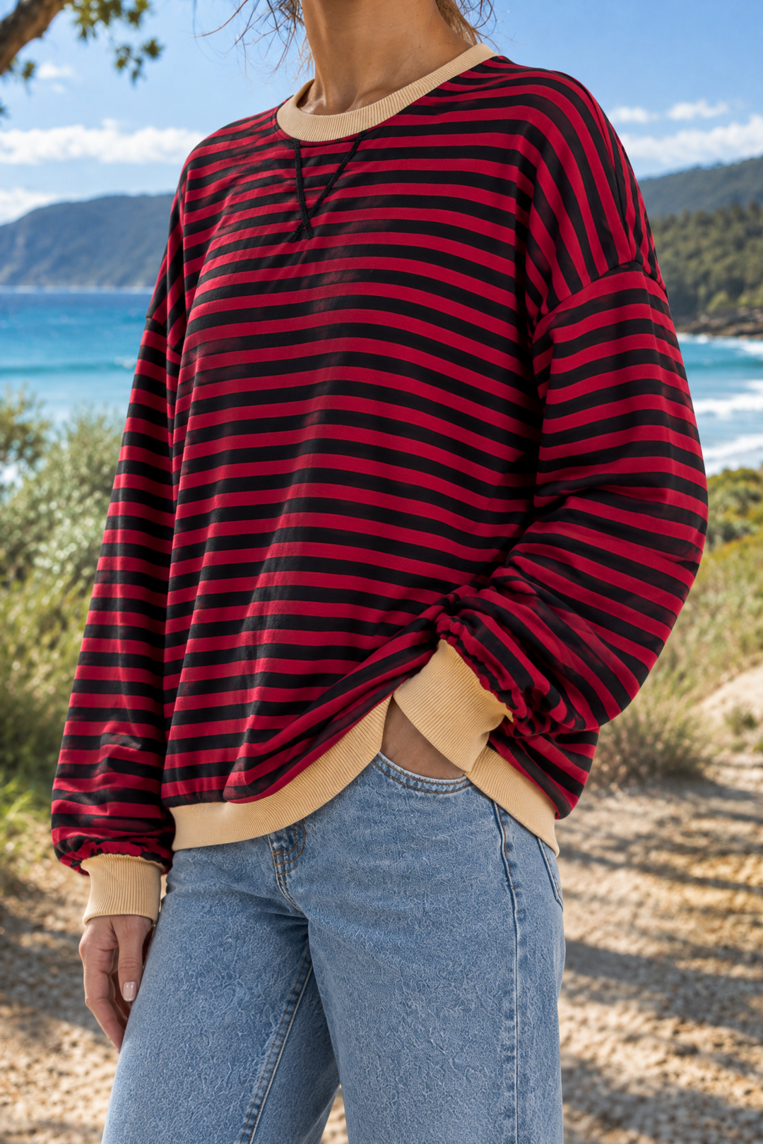 Giselle | Striped Crew Neck Sweatshirt in Burgundy, three-quarter view