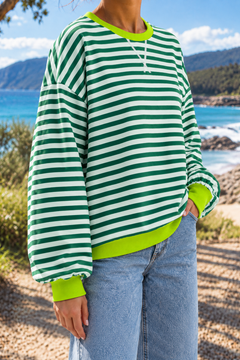 Giselle | Striped Crew Neck Sweatshirt in Dark Green, three-quarter view