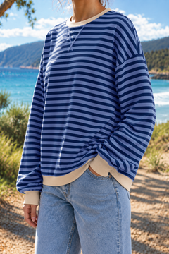 Giselle | Striped Crew Neck Sweatshirt in Navy, three-quarter view