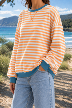 Giselle | Striped Crew Neck Sweatshirt in Orange, three-quarter view