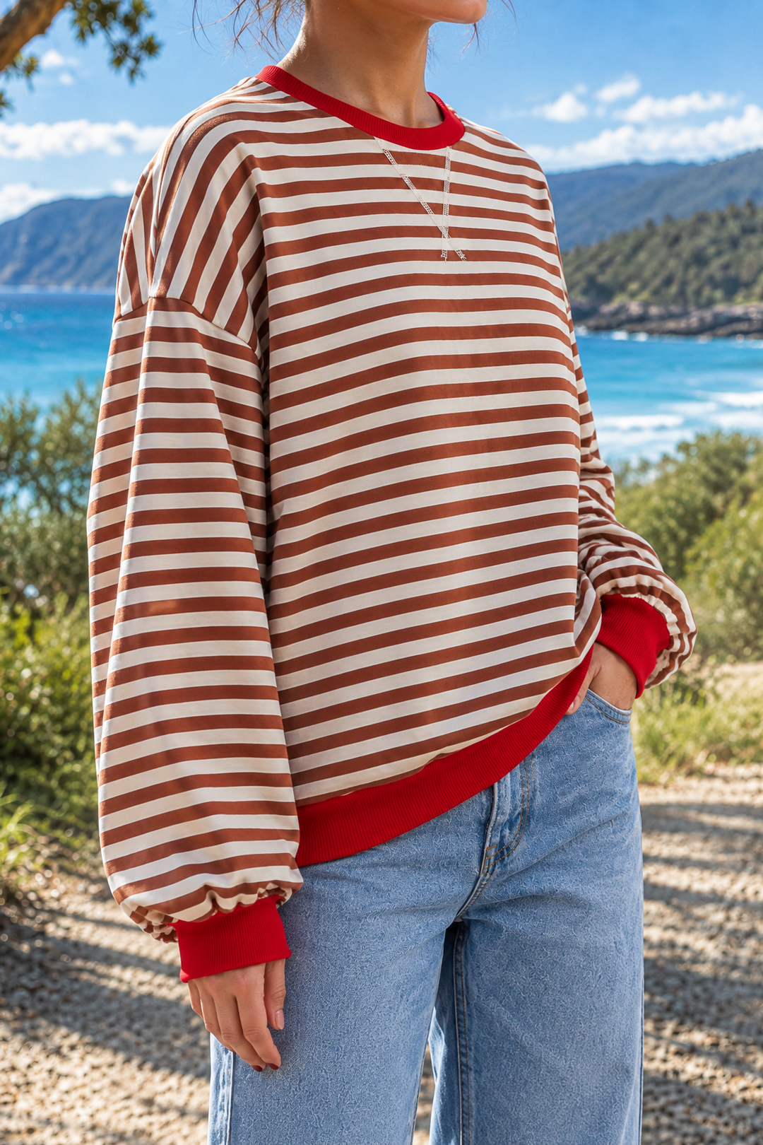 Giselle | Striped Crew Neck Sweatshirt in Rust, three-quarter view