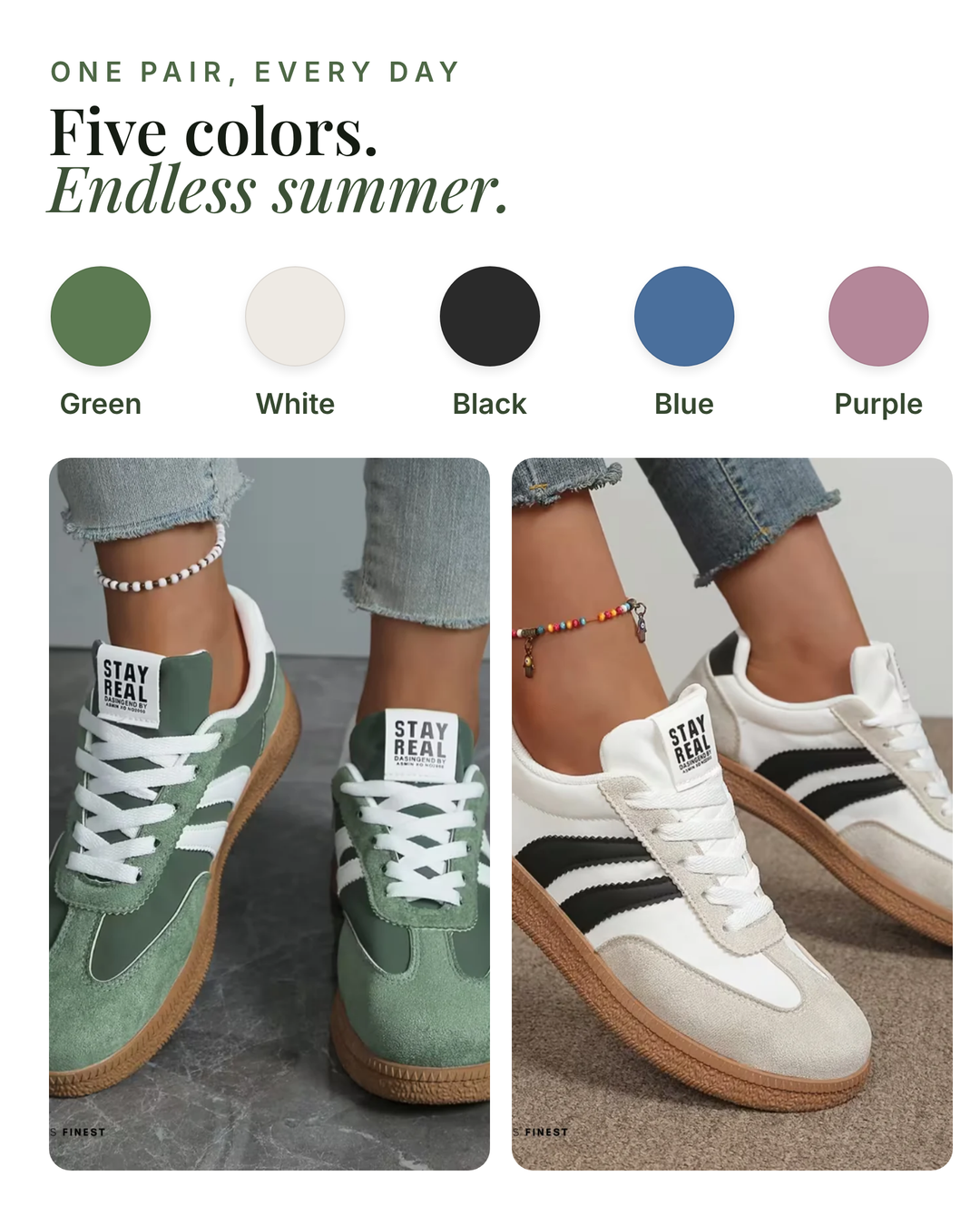 Greta | Lightweight Comfort Sneakers available in 5 colours: green, white, black, blue, purple