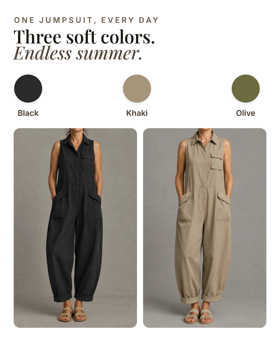 Harlow | Sleeveless Utility Jumpsuit available in 3 colours: khaki, black, olive