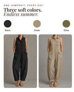 Harlow | Sleeveless Utility Jumpsuit available in 3 colours: khaki, black, olive