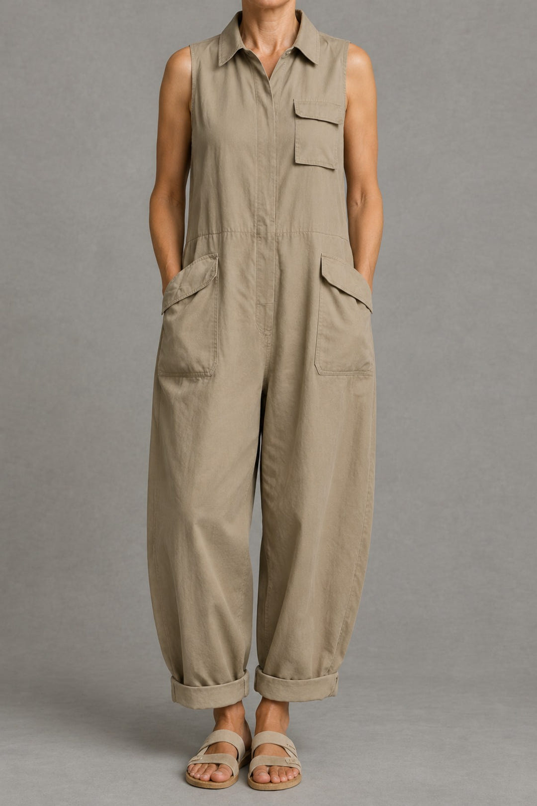 Sleeveless Utility Jumpsuit in khaki