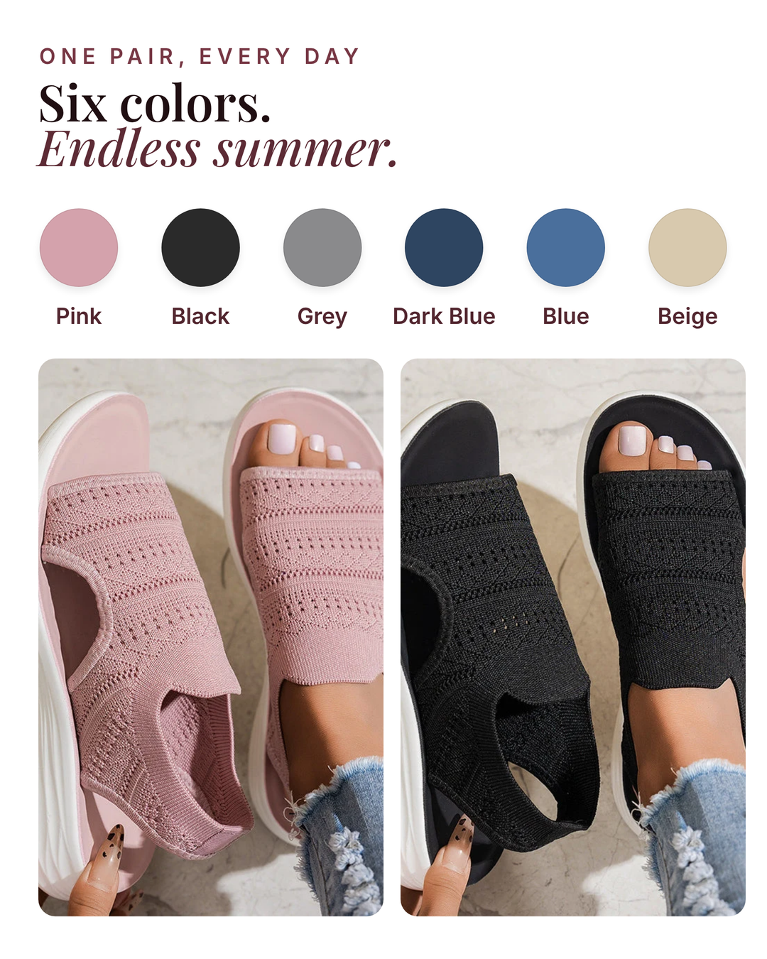 Hero | Breathable Knit Platform Sandals available in 6 colours: pink, black, grey, dark blue, blue, beige