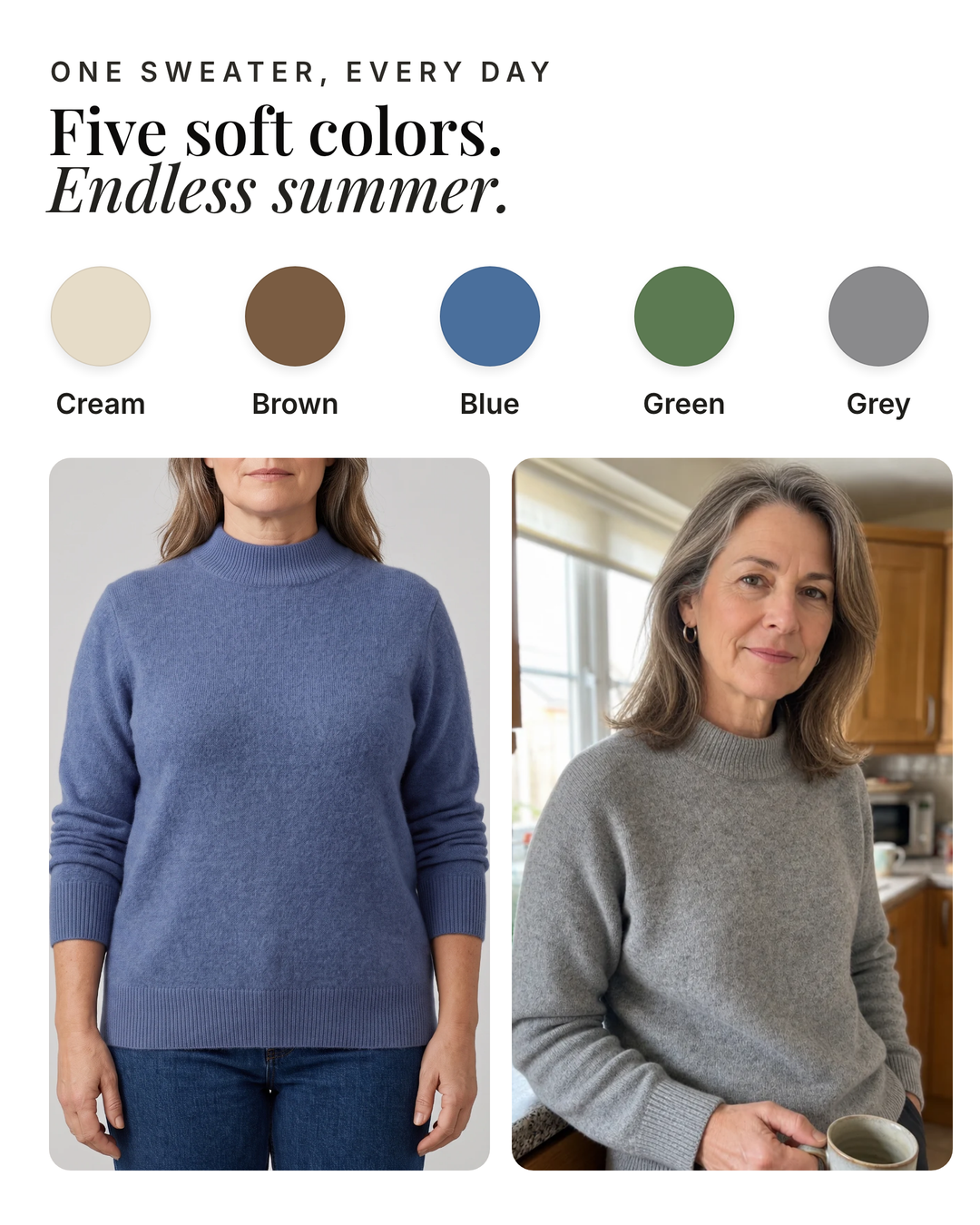Jenifer | Mock Neck Cashmere Sweater available in 5 colours: cream, brown, blue, green, grey