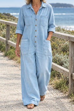 Relaxed long-sleeve jumpsuit in light blue on a coastal walk