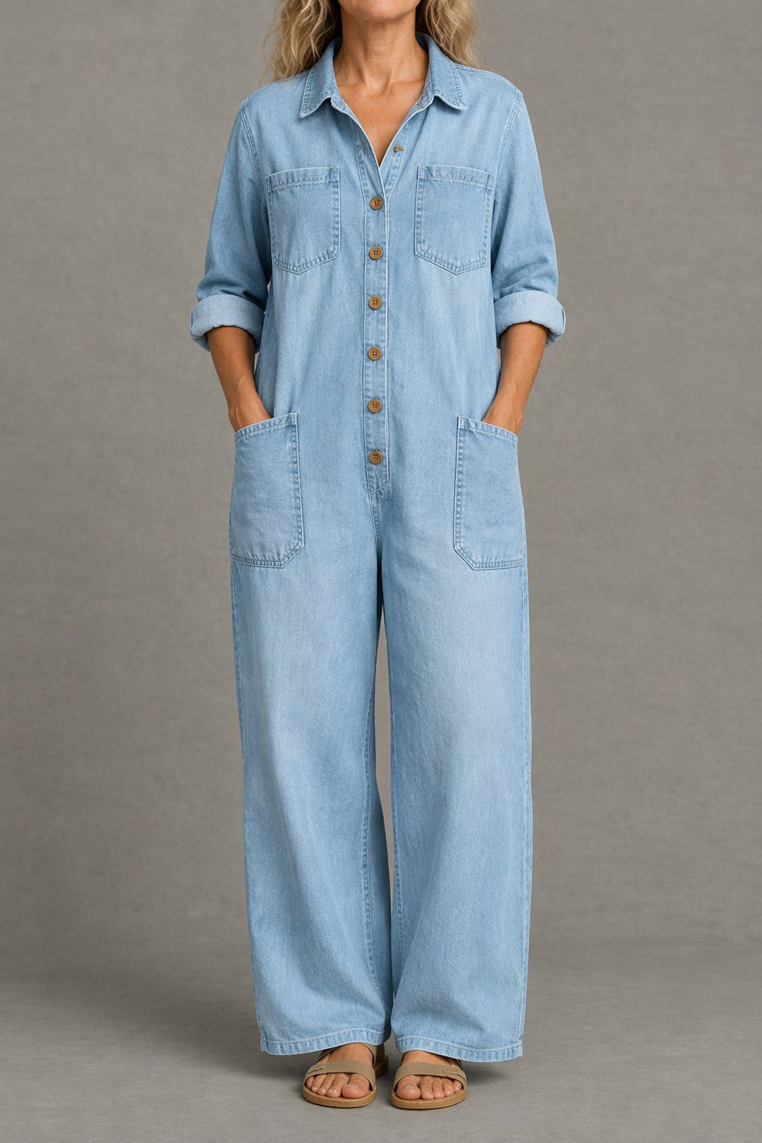Relaxed Long-Sleeve Jumpsuit in light blue