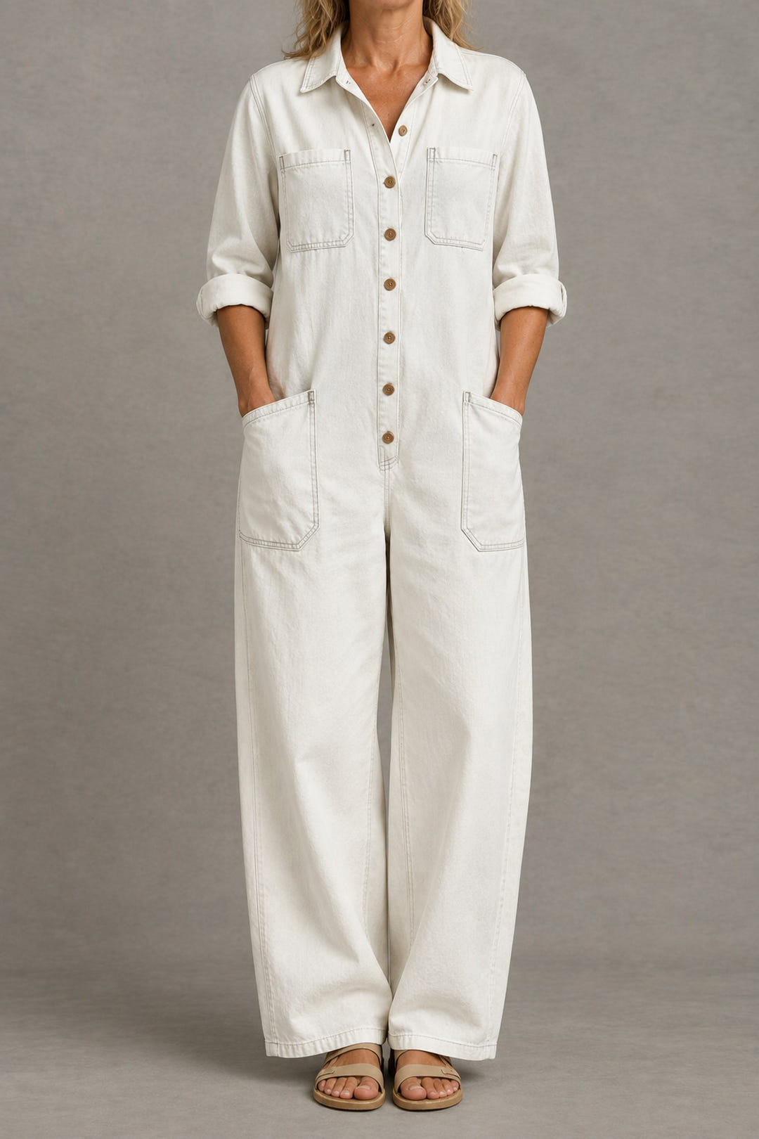 Relaxed Long-Sleeve Jumpsuit in white