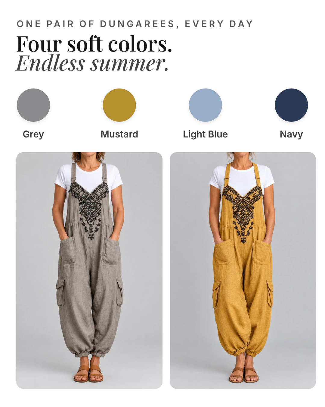 Joni | Boho Halter Dungarees available in 4 colours: grey, mustard, light blue, navy