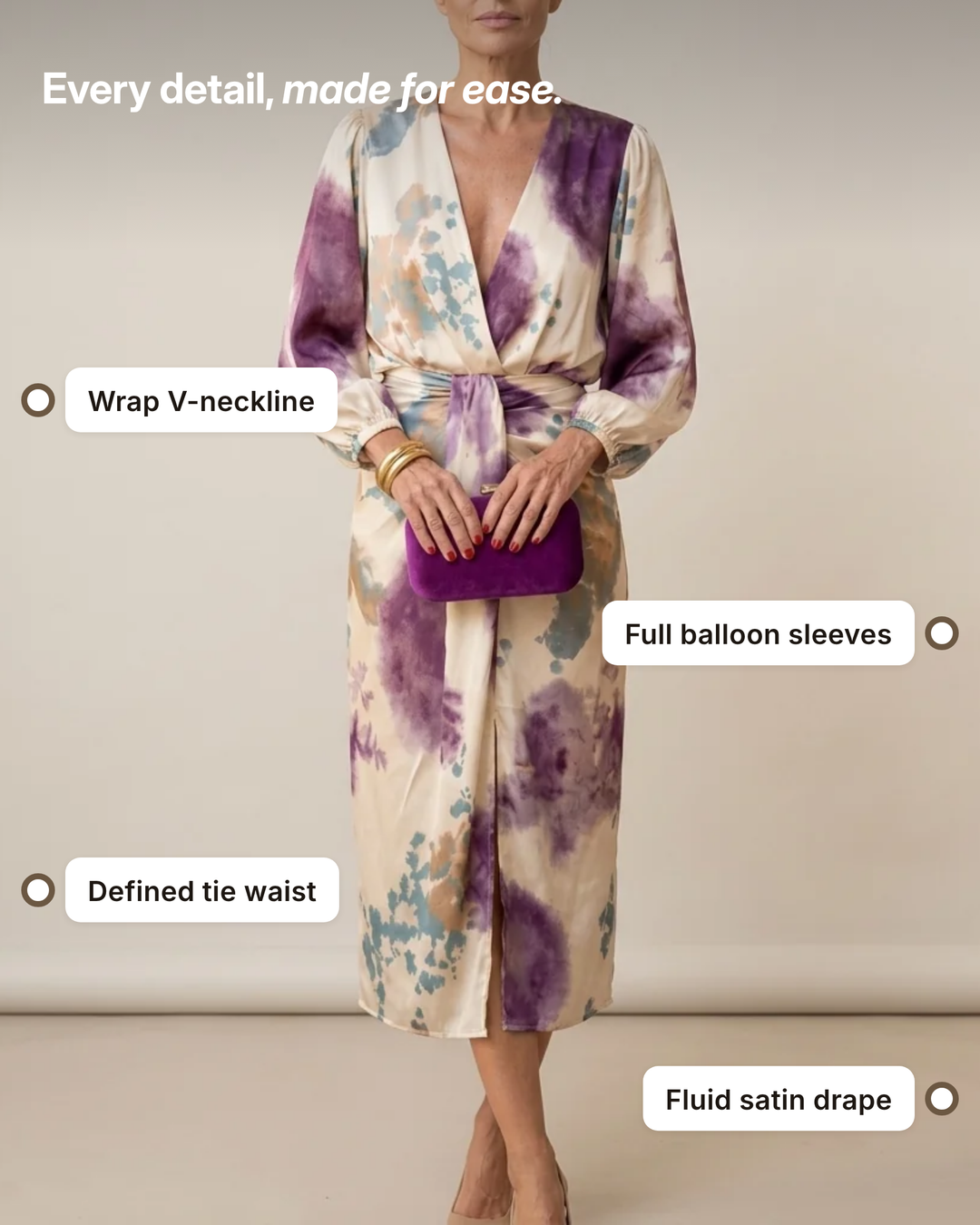 Jorie | Watercolour Satin Midi Dress details